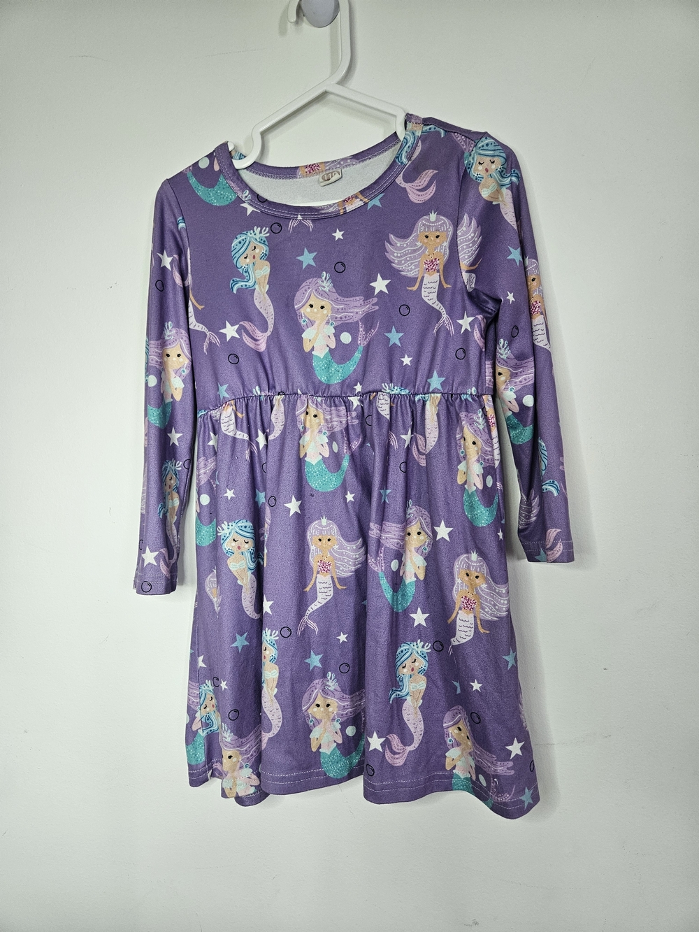 Girls Long Sleeve Mermaid Print Dress Size 4 5T Purple Stars Magical Casual🩷
